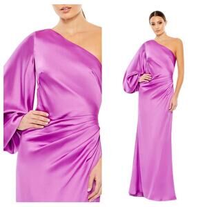 NWT IEENA for MAC DUGGAL Orchid One Shoulder Satin Puff Sleeve Side Ruched Gown